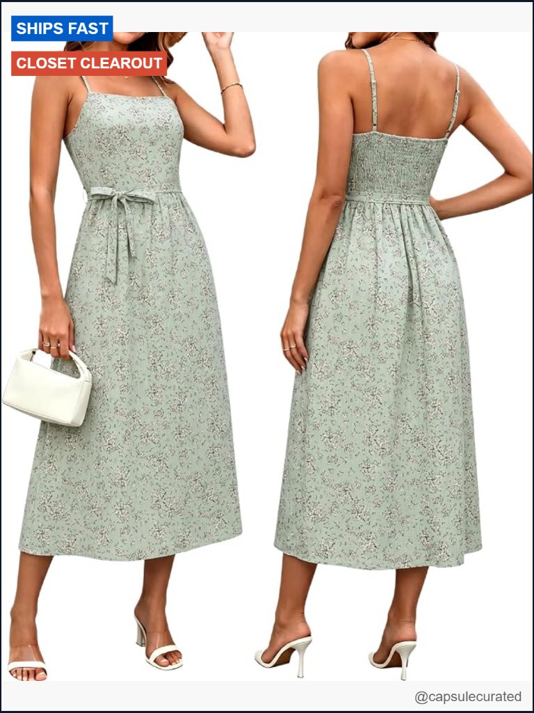 Spaghetti Strap Midi Dress Smocked Back Belt Pockets Flowy Boho Beach Sundress